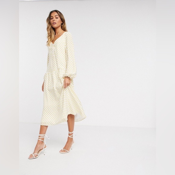 Vila midi dress with balloon sleeve in yellow spot - Picture 4 of 15